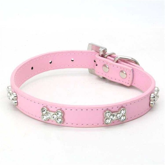 Dog Pet Bling Bone PU Leather Collar Rhinestone - Picture 3 of 5